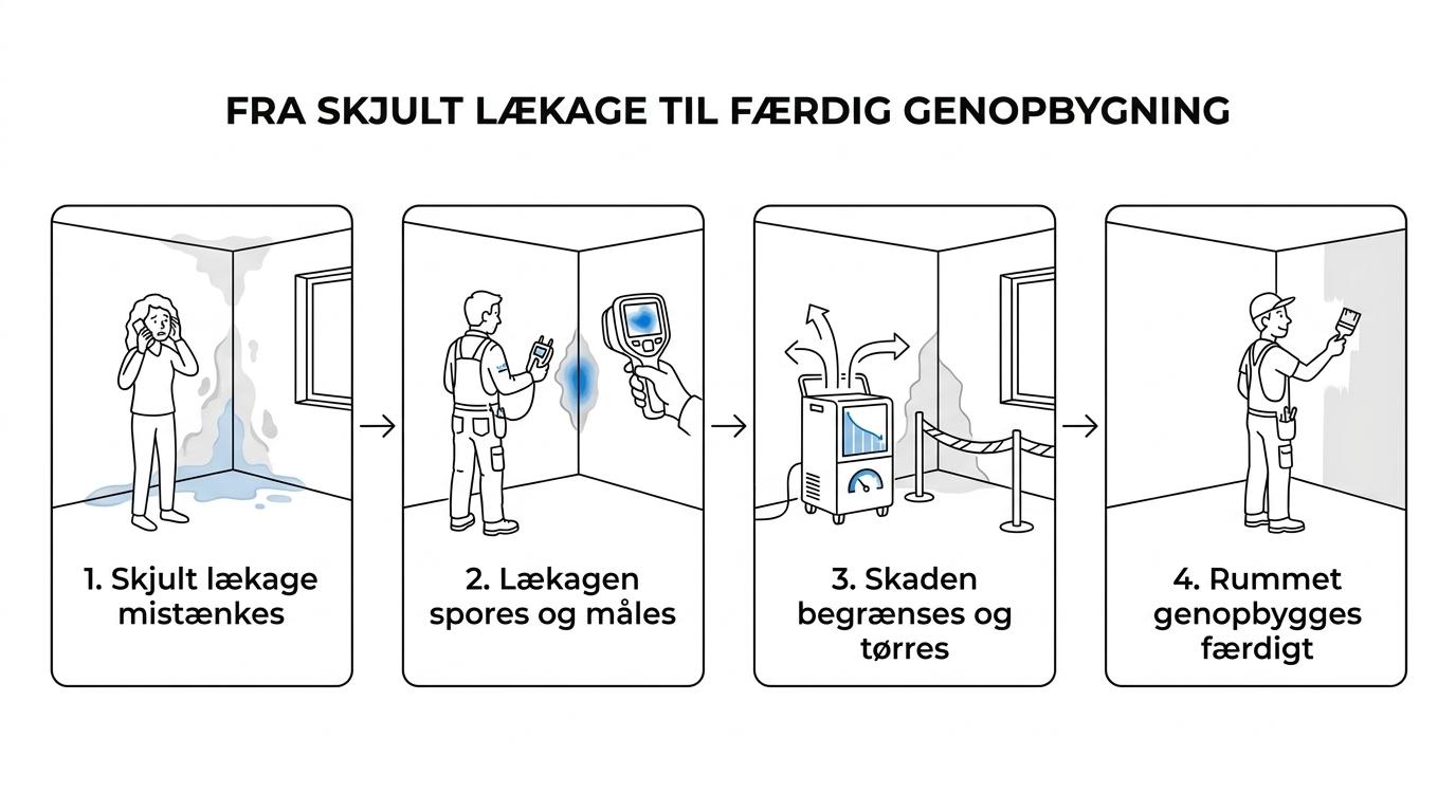 Illustration af et skadeforløb fra mistanke om skjult lækage til lokalisering, affugtning, forsikring og genopbygning.