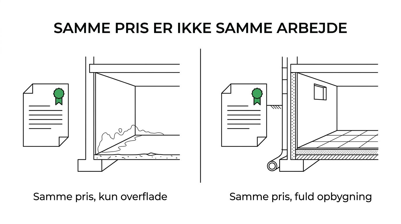 Sammenligning af to tilbud på kælderrenovering, hvor det billigere tilbud mangler flere vigtige fugt- og reetableringsarbejder, mens det dyrere inkluderer dem.