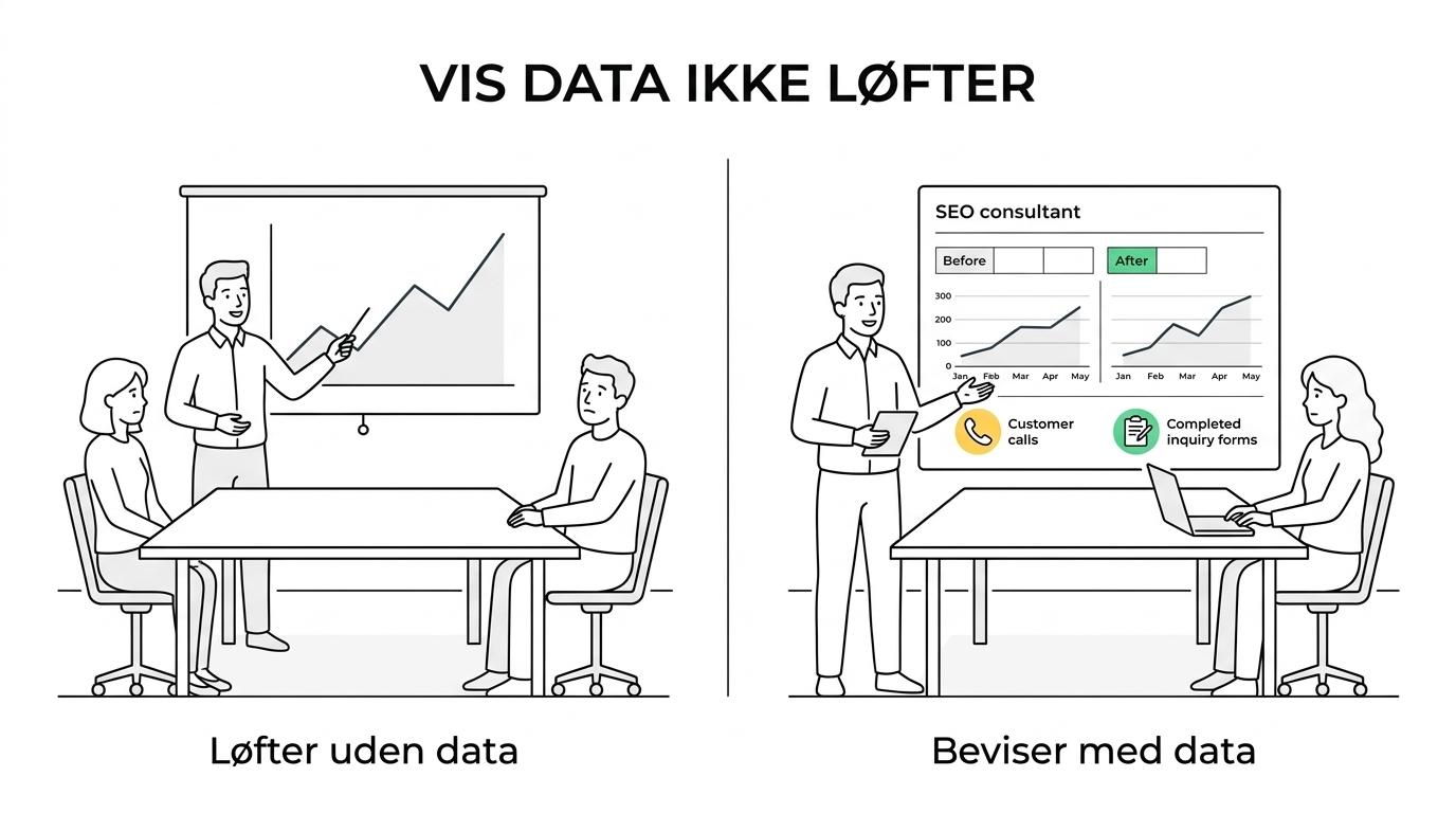 Side-om-side sammenligning af et ærligt SEO-bureau og et bureau med tomme løfter, med forskelle i dokumentation, metode, KPI’er og forventninger.