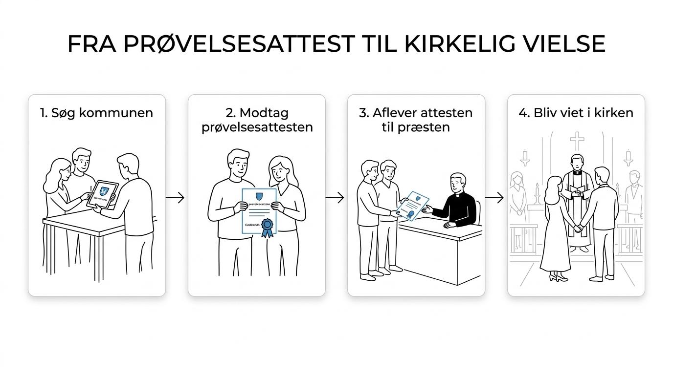 Flow over kirkelig vielse med kommunal prøvelse, prøvelsesattest, kontakt til præst, to vidner og vielse i kirken.