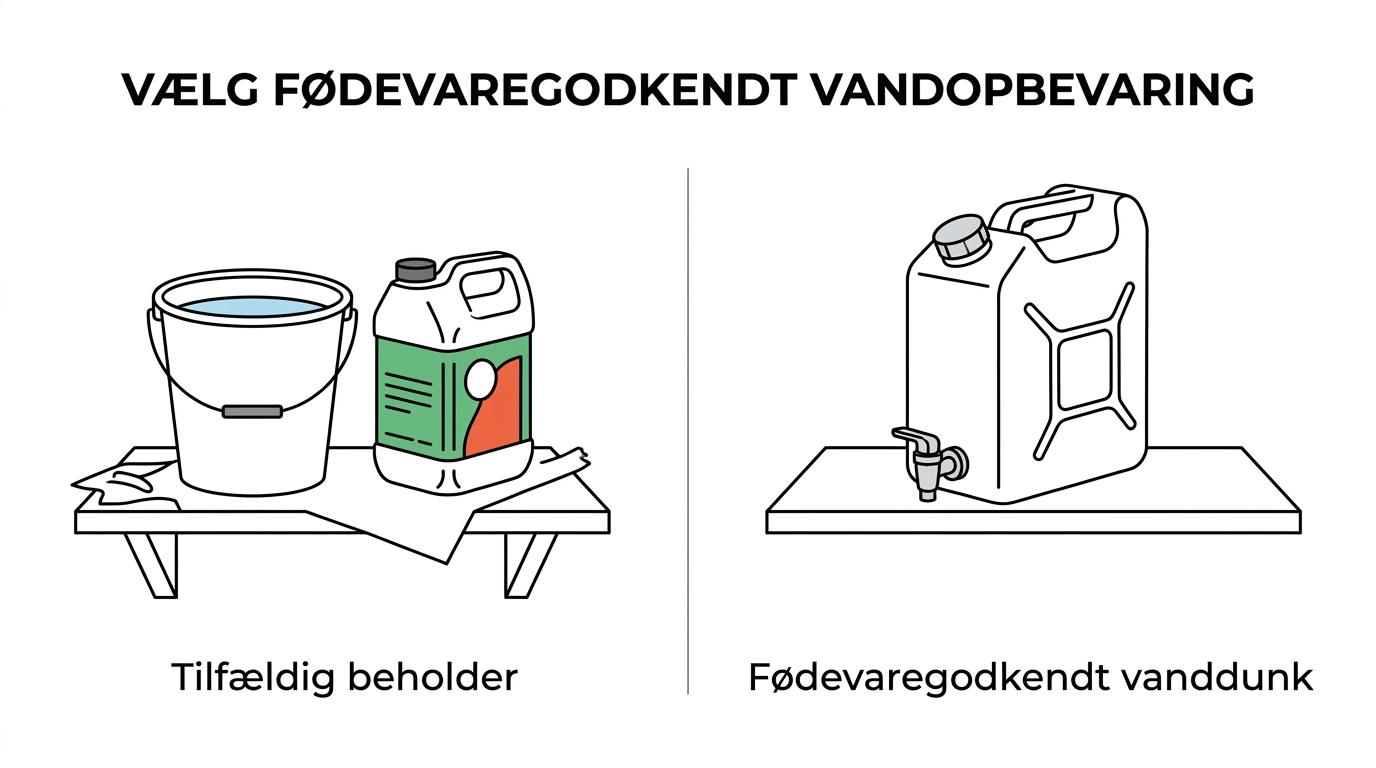 Side-by-side af en fødevaregodkendt vanddunk med hane og en genbrugt uegnet beholder til vand.