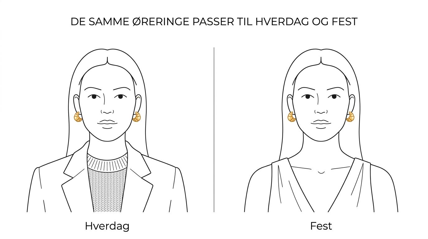Side om side ses de samme guldfarvede croissant øreringe stylet med et afslappet dagslook og et mere festligt aftenlook.