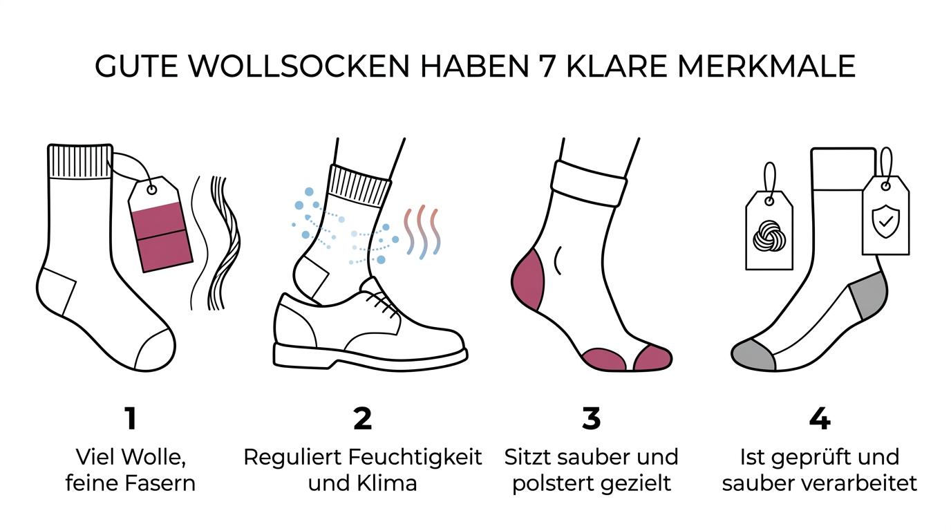 Übersicht mit sieben Qualitätsmerkmalen guter Wollsocken: Wollanteil, Faserfeinheit, Feuchtigkeitsmanagement, Passform, Polsterung, Zertifizierung und Verarbeitung.