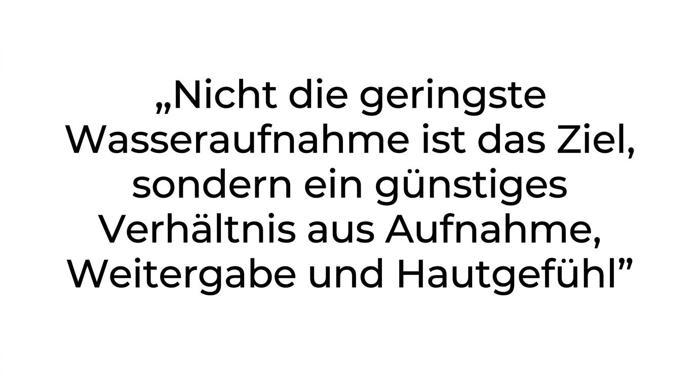 Hervorgehobenes Zitat zur Kernaussage, dass bei Wollsocken Feuchtigkeitsbalance wichtiger ist als möglichst geringe Wasseraufnahme.