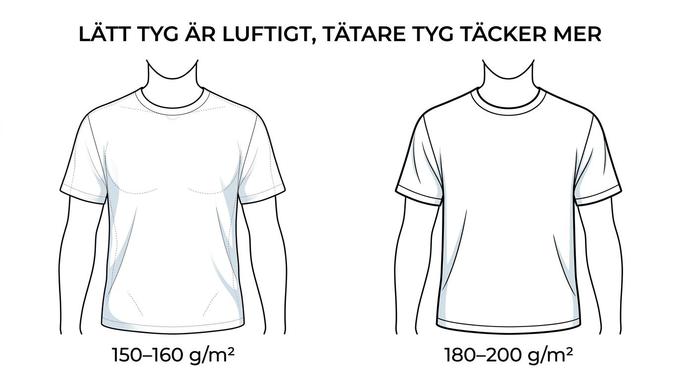 Två vita T-shirts sida vid sida som visar skillnaden mellan lättare tyg och tätare tyg med mer struktur.