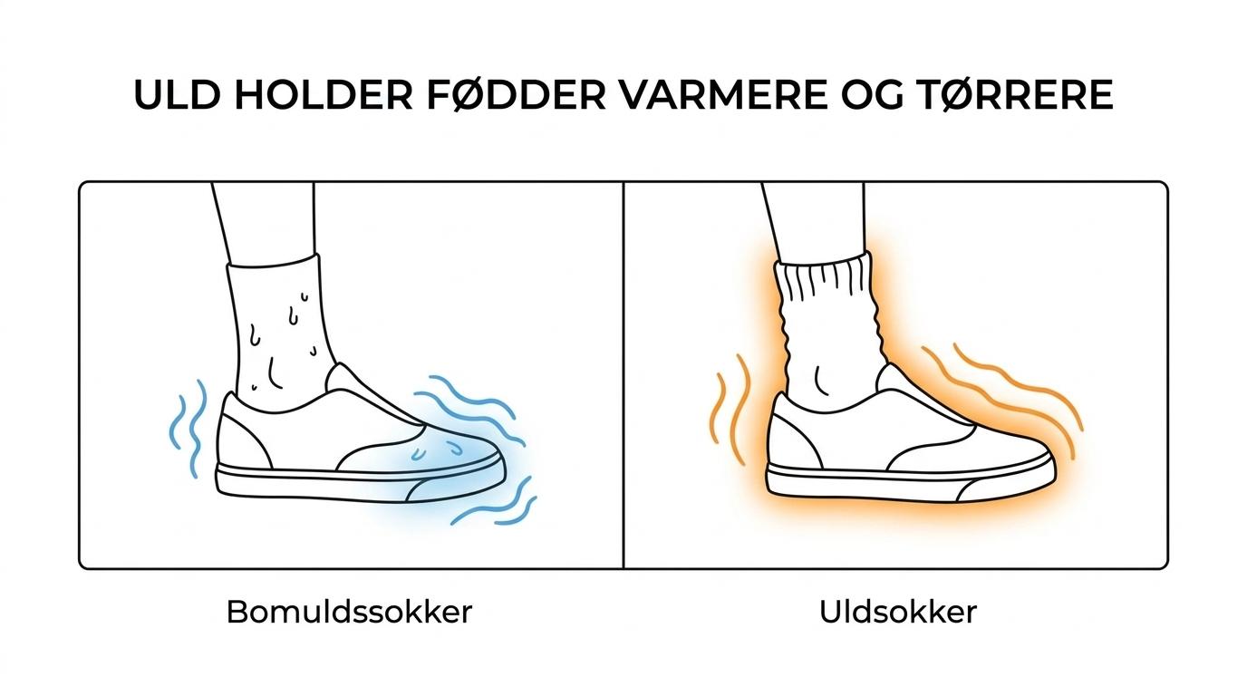 Sammenligning af uldsokker og bomuldssokker med fokus på varme, fugt og hverdagskomfort.