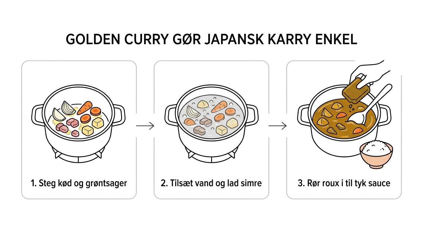 Trinvis visning af japansk karry: kød og grøntsager steges, simrer i vand, roux røres i, og retten serveres med ris.