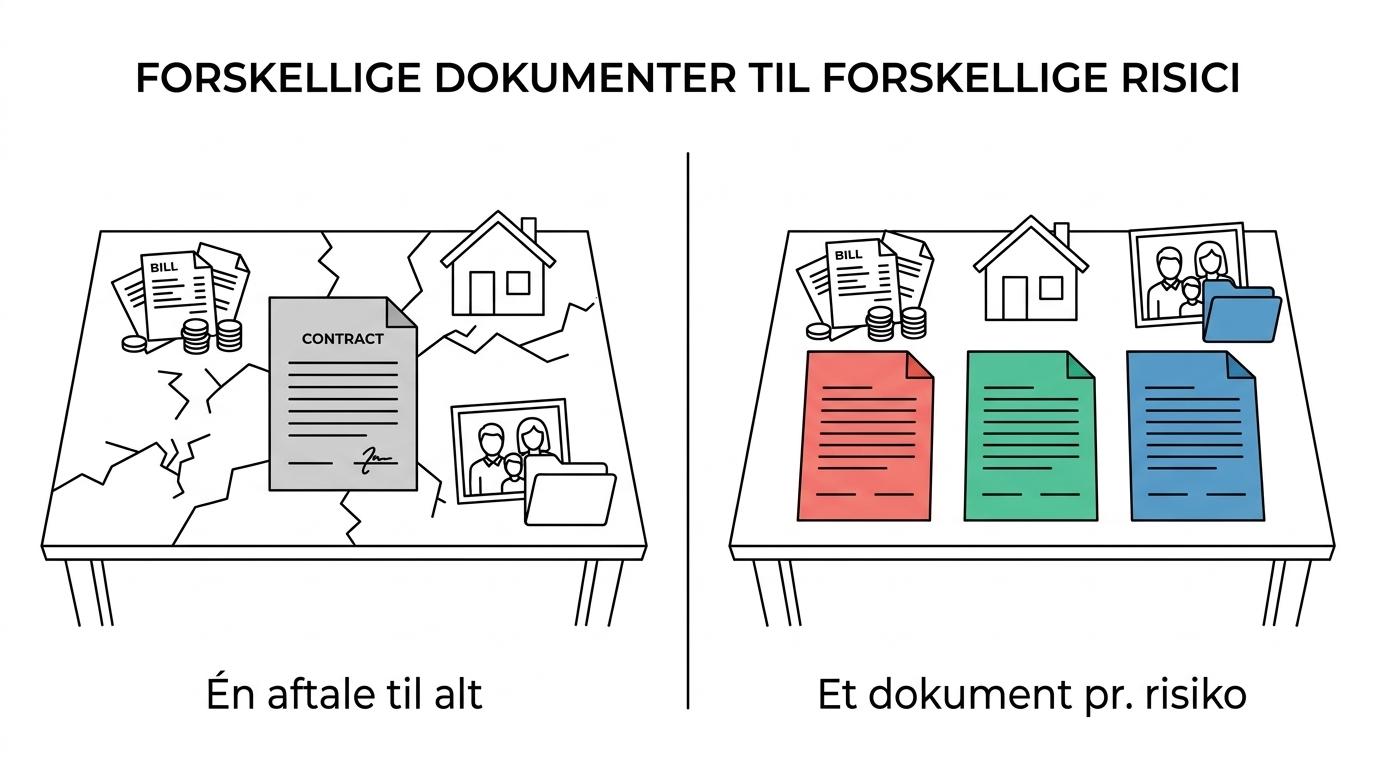 Side-by-side sammenligning af samleverkontrakt, samejeoverenskomst og testamente med fokus på daglig økonomi, fælles bolig og arv.
