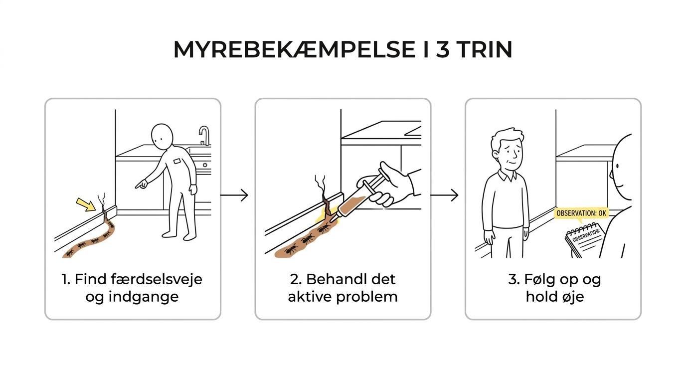 Diagram med tre trin i myrebekæmpelse: inspektion, målrettet bekæmpelse og rådgivning med opfølgning.