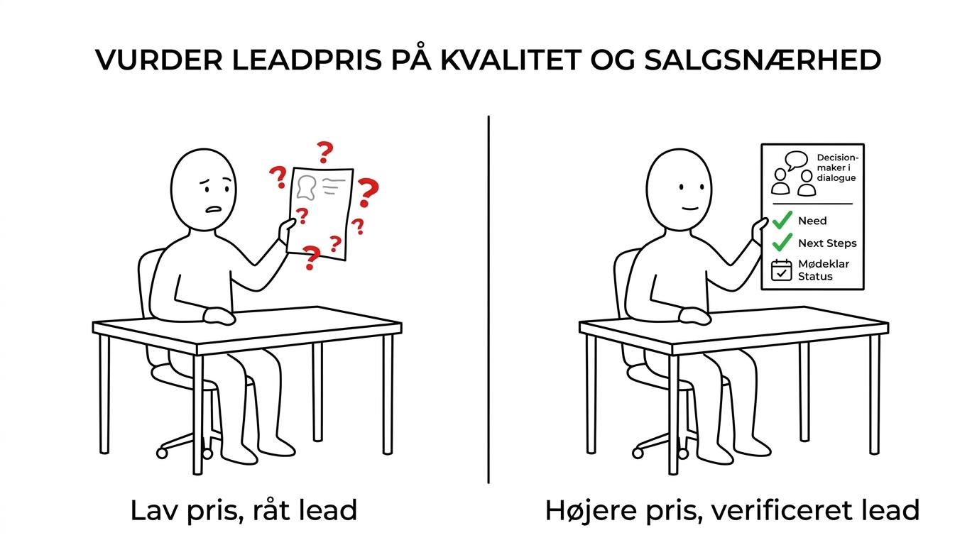 Sammenligning af et billigt, løst kvalificeret lead og et dyrere, salgsnært lead med forskelle i fit, intent, beslutningstageradgang og belastning på sælgerne.