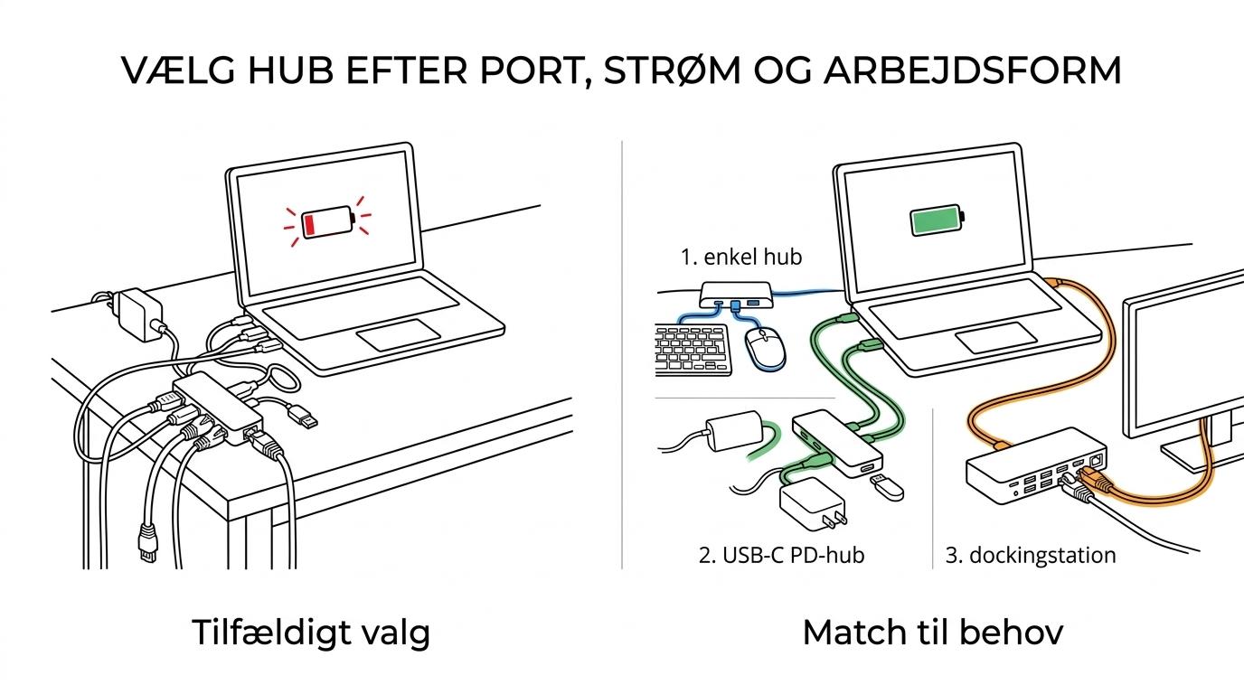 Sammenligning af USB-C-hub, USB-A-hub og dockingstation med typiske brugsscenarier og nøglefunktioner.