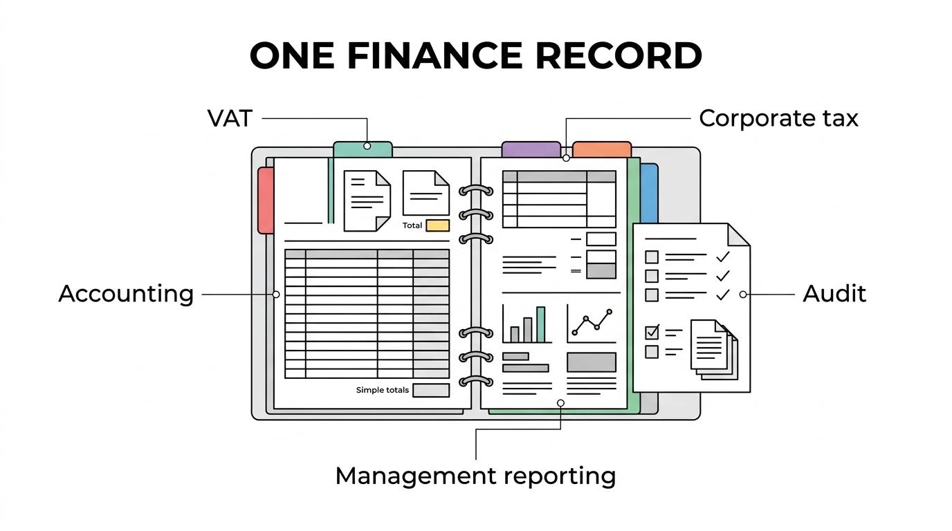 Labeled diagram of an SME accounting setup linking the chart of accounts, reporting calendar, approval controls, and management outputs to VAT, corporate tax, and monthly reporting.