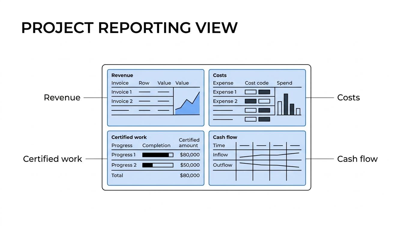 Diagram of a construction project accounting system with labeled parts such as revenue, costs, commitments, certified work, retention, supplier balances, and cash flow.