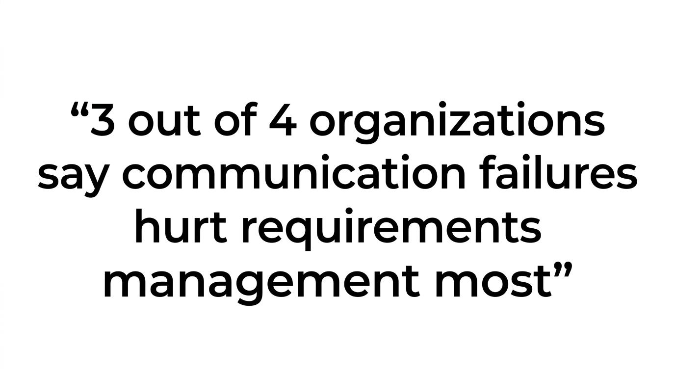 Large highlighted quote stating that 3 out of 4 organizations say communication failures hurt requirements management most.