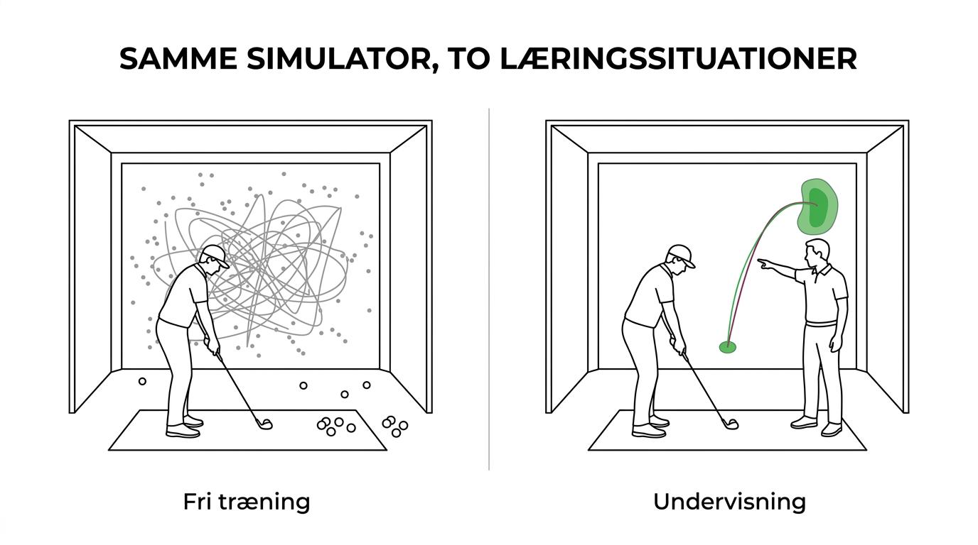 Side-by-side sammenligning af fri træning og undervisning i en golfsimulator med forskelle i formål, feedback, data, struktur og fejlrisiko.