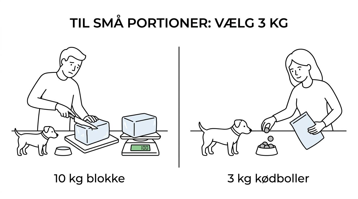 Comparison of MUSH 3 kg meatball portions and 10 kg frozen blocks for different feeding needs.