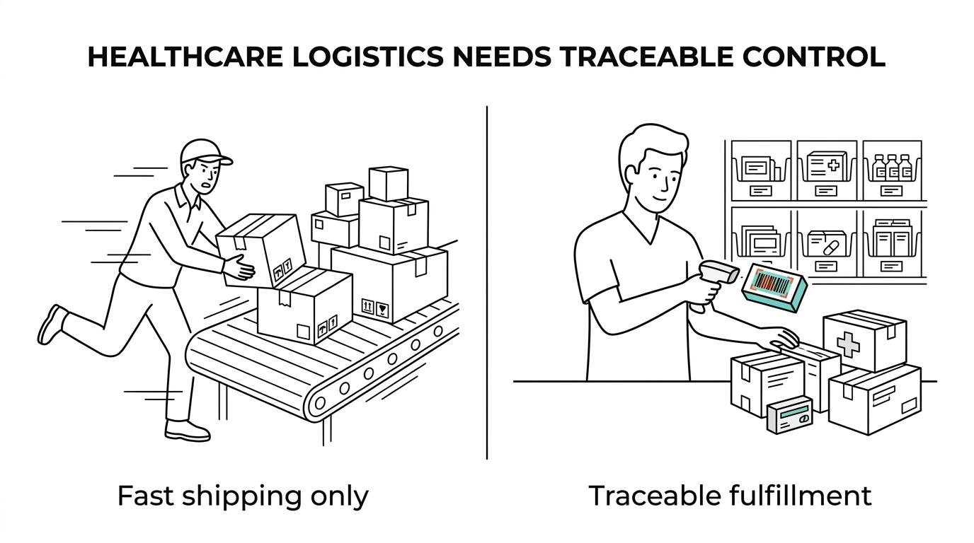 Side-by-side comparison of standard ecommerce fulfillment and healthcare logistics, showing SKU-only shipping on one side and lot tracking, quarantine, scan verification, and recall readiness on the other.