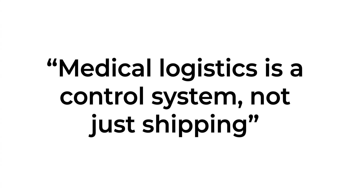 A quote card displaying the line: Medical logistics is a control system, not just shipping.