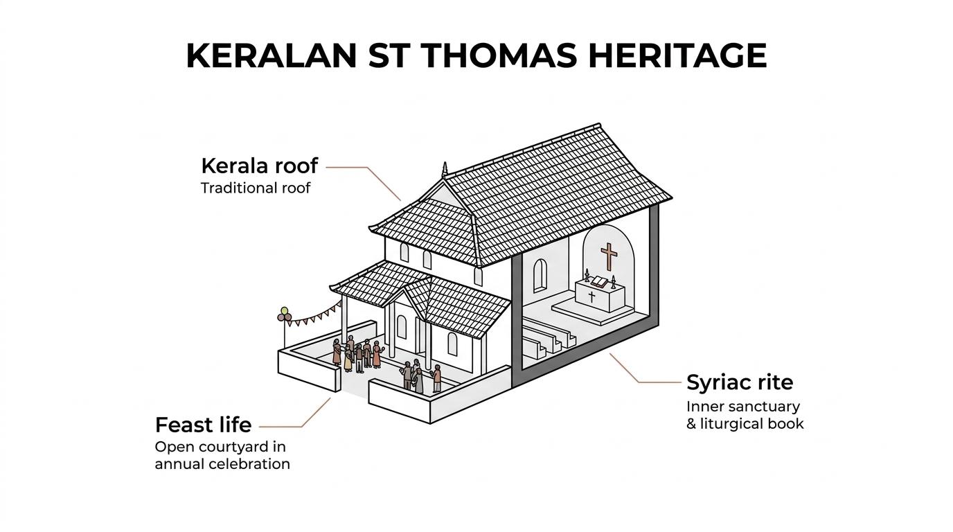 Diagram showing St Thomas Christian heritage in Kerala connected to apostolic memory, maritime trade, Syriac ties, local architecture, pilgrimage, and living worship.
