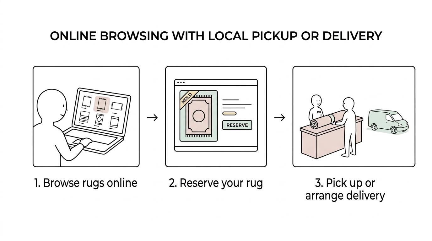 Simple four-step graphic showing online rug browsing, product reservation, Charlotte store pickup or local delivery, and prompt inspection after delivery.