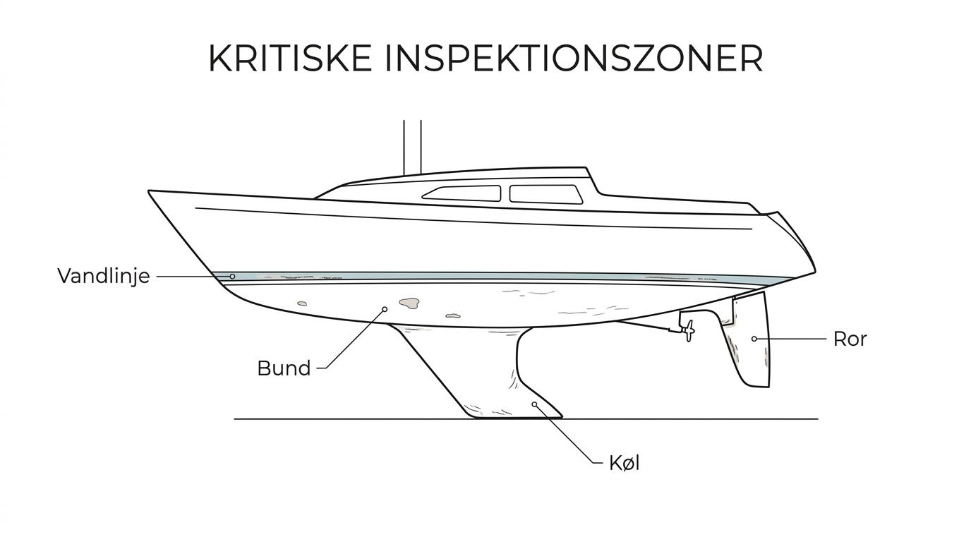 Labeled boat hull on land showing inspection zones at the waterline, keel, rudder and through-hulls, with examples of wear, blisters and loose bottom paint.