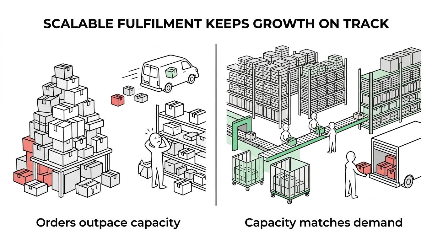 Side-by-side comparison of fulfilment results before and after moving to scalable 3PL support, showing higher order capacity, better accuracy, faster same-day dispatch, and shorter return processing time.