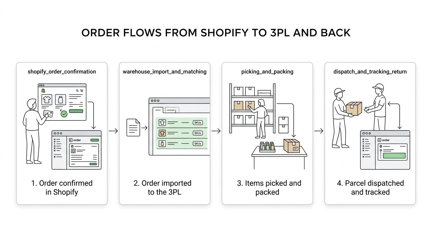 Flowchart showing a Shopify order moving from checkout to 3PL import, stock allocation, picking, packing, dispatch, and tracking return.