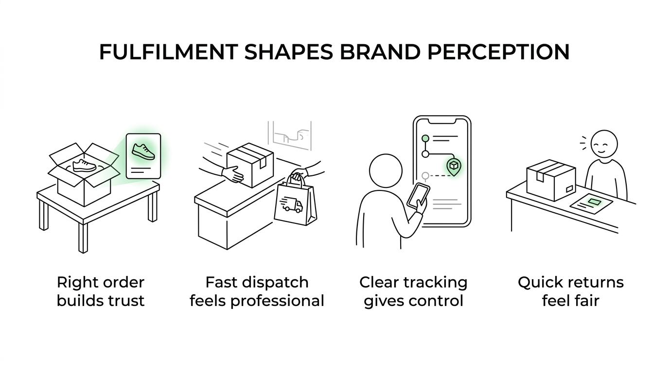 Five fulfilment factors—order accuracy, fast dispatch, clear tracking, good packaging, and quick returns—each linked to a customer feeling and brand outcome.