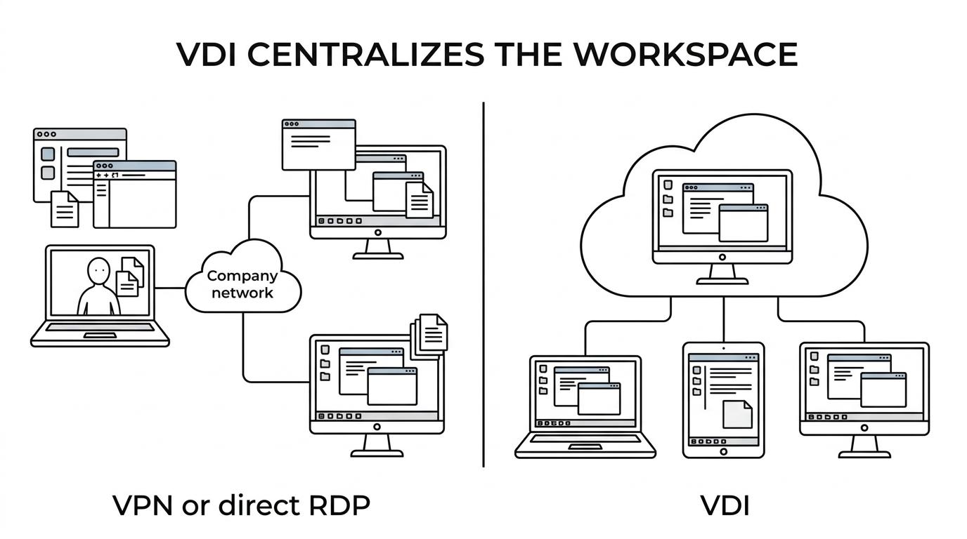 Side-by-side comparison of virtual desktop, VPN-only access, and direct RDP across security, control, and where data and apps are managed.