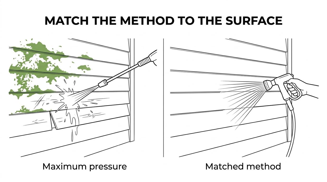Side-by-side comparison of soft washing on a roof and house siding versus pressure washing on a concrete driveway.