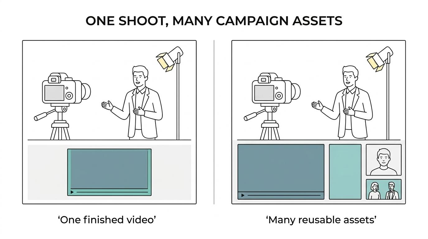 Side-by-side comparison of a single hero video deliverable versus one commercial shoot producing multiple assets like social clips, photos, interviews, and website content.