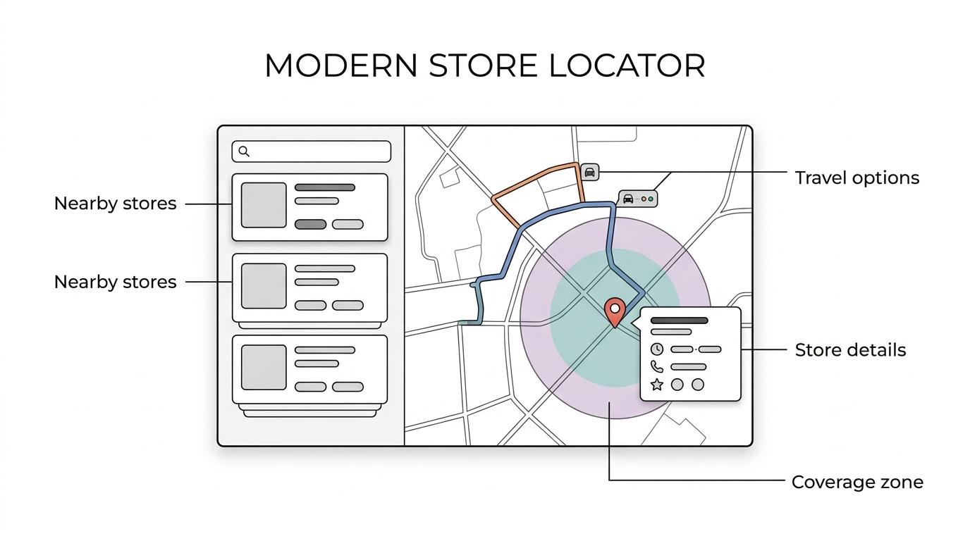 Annotated store locator interface showing user location, nearest stores, travel times, directions, hours, and service details.