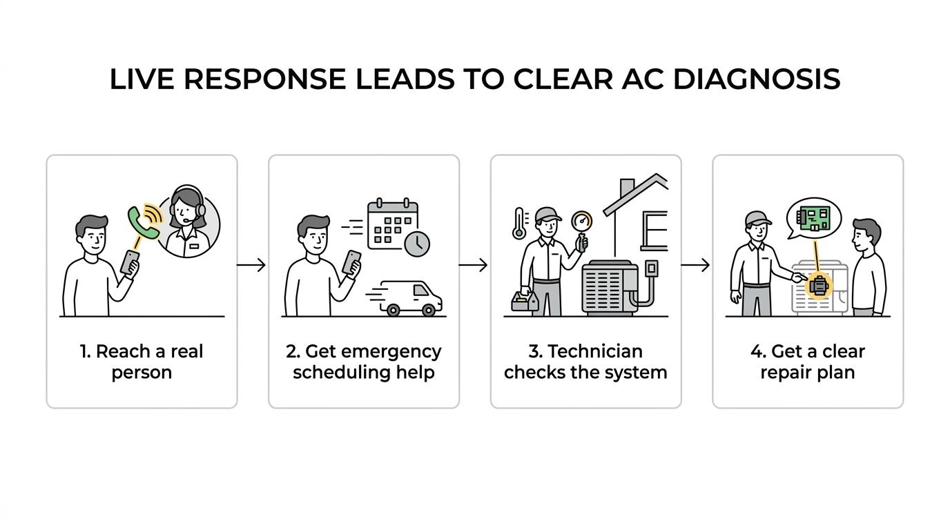 A step-by-step emergency AC service flow from homeowner call to technician diagnosis and repair plan.