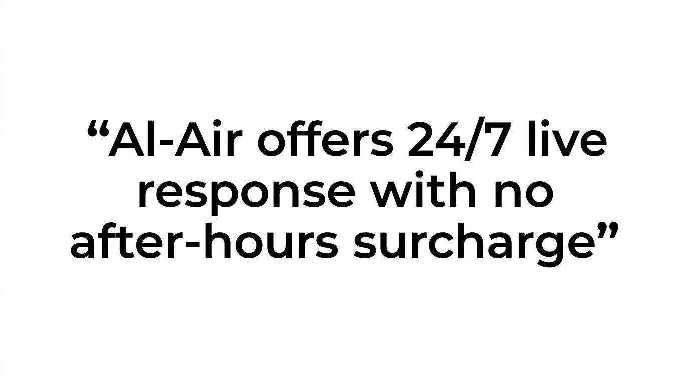 Highlighted quote stating that Al-Air offers 24/7 live response with no after-hours surcharge.