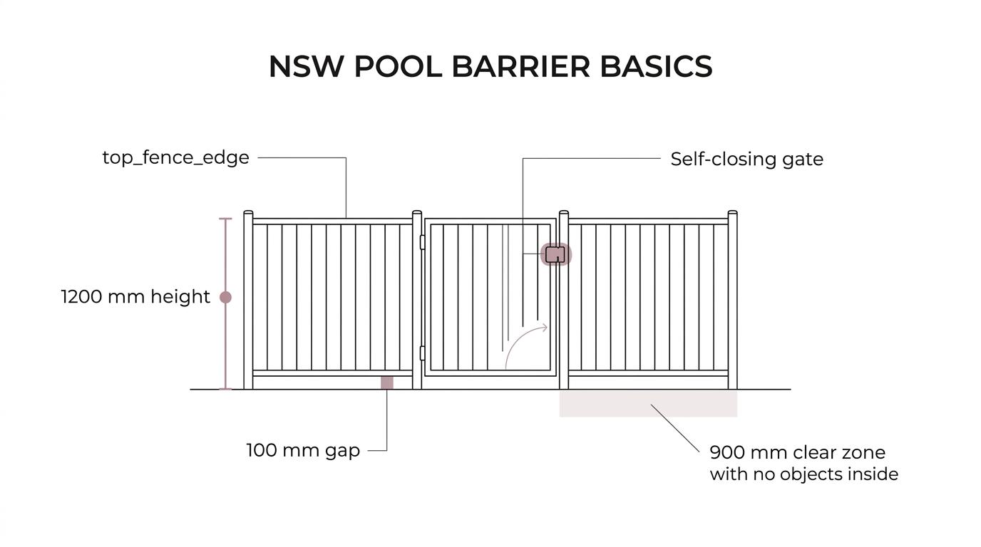 Labeled pool fence diagram showing 1200 mm minimum fence height, 100 mm maximum ground gap, a 900 mm non-climbable zone, a self-closing self-latching gate, and CPR signage.