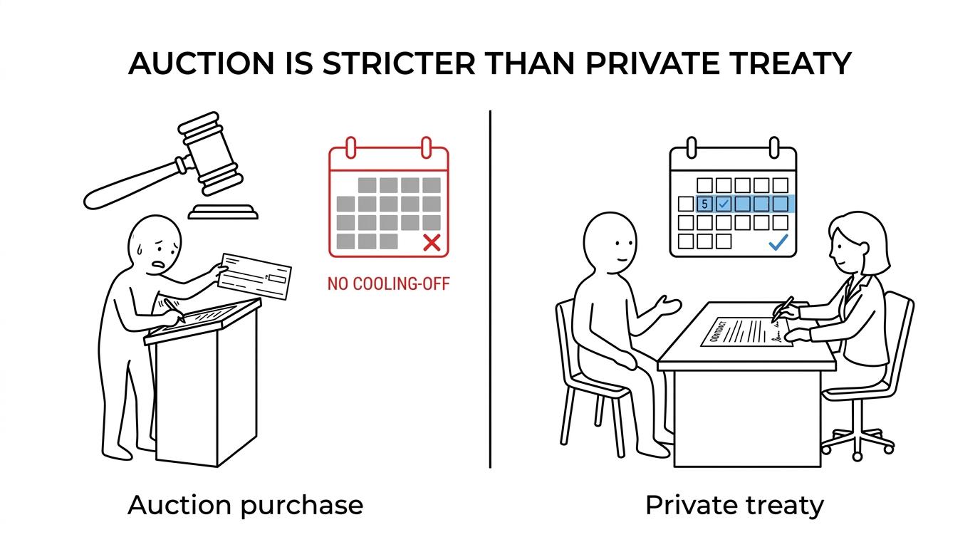 Side-by-side comparison of NSW private treaty and auction purchase rules, showing review timing, cooling-off, and deposit obligations.