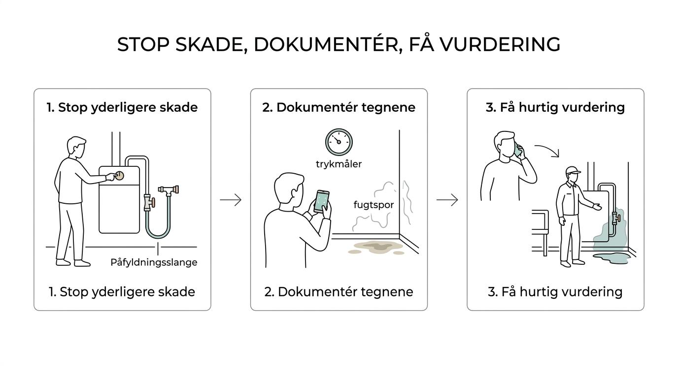 Proces med de første skridt ved mistanke om centralvarmelækage: begræns skaden, tag billeder, kontakt fagfolk og planlæg reparation.