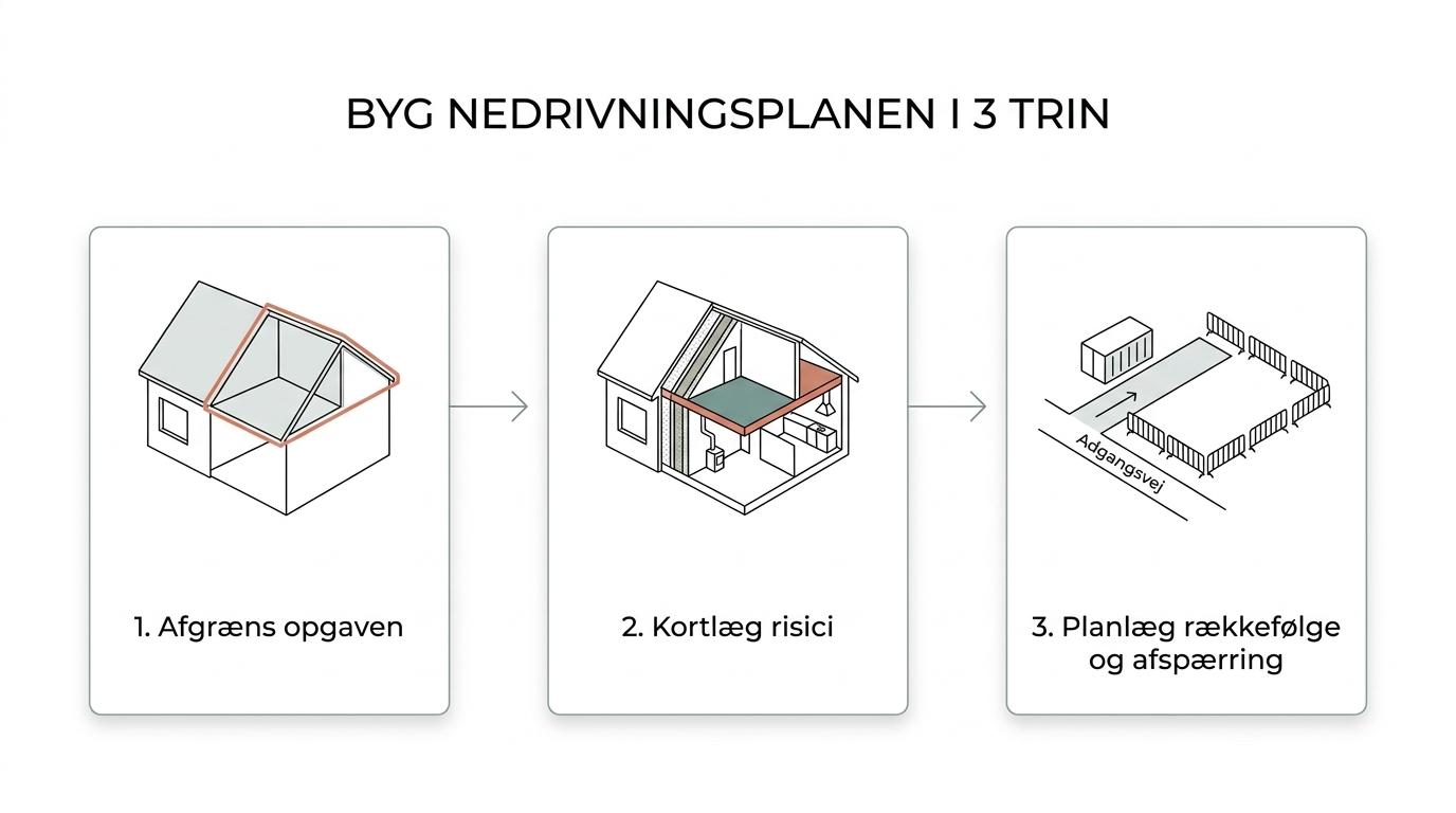 Et procesdiagram for en nedrivningsplan med trin fra afgrænsning af opgaven til risikovurdering, afspærring, logistik og affaldshåndtering.
