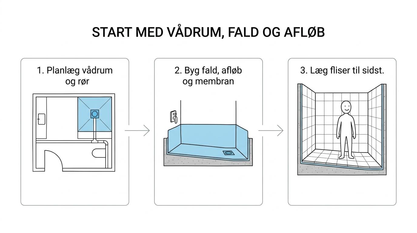 Process diagram showing bathroom renovation order: wet-room assessment, floor slope and drain, installation placement, then tile buildup and finish.