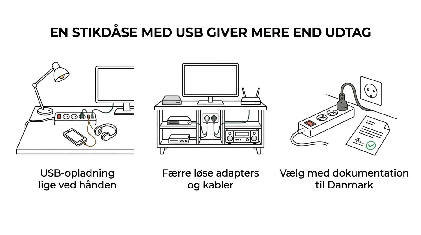 Illustration af en stikdåse med USB omgivet af fire valgkriterier: strømudtag, USB-opladning, dansk dokumentation og passende tilbehør.