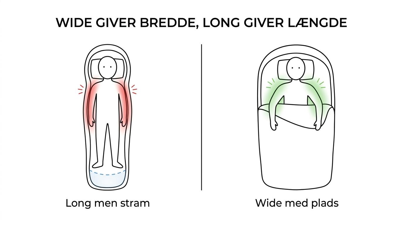 Side-by-side comparison of a wide sleeping bag for broader shoulders and a long sleeping bag for taller users, with fit and size differences highlighted.
