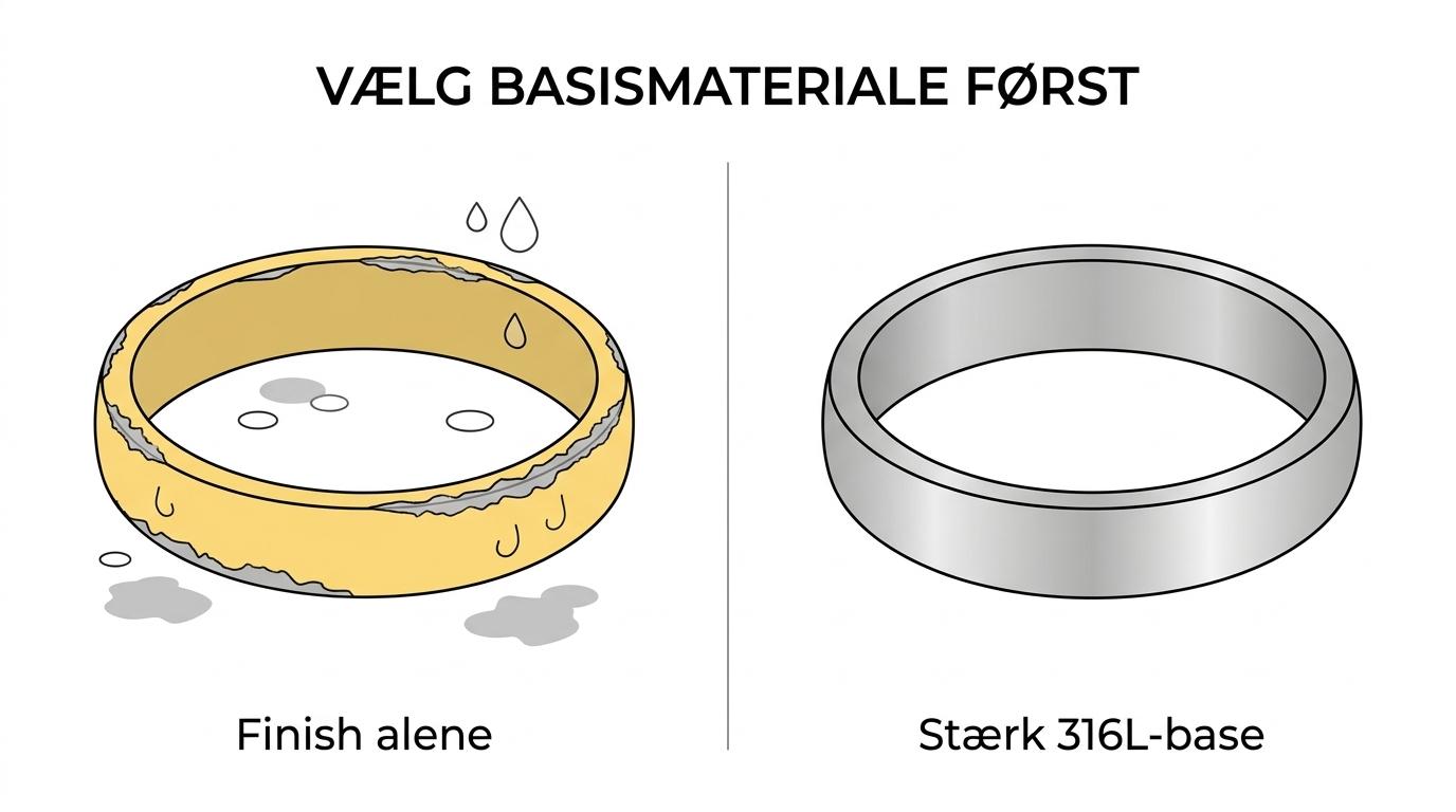 Sammenligning af 316L stål, forgyldt stål og sølvlook med forskelle i base, overflade og forventet slid.