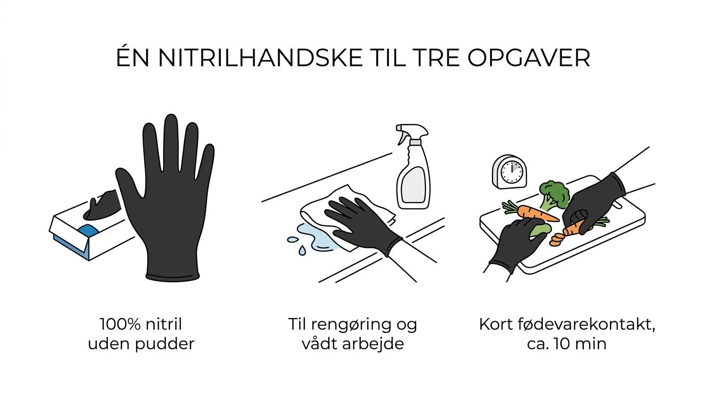 Visuelt overblik over sorte nitril-engangshandsker med nøglepunkter som pudderfri, latexfri, fødevarekontakt, våde miljøer og rengøringsopgaver.