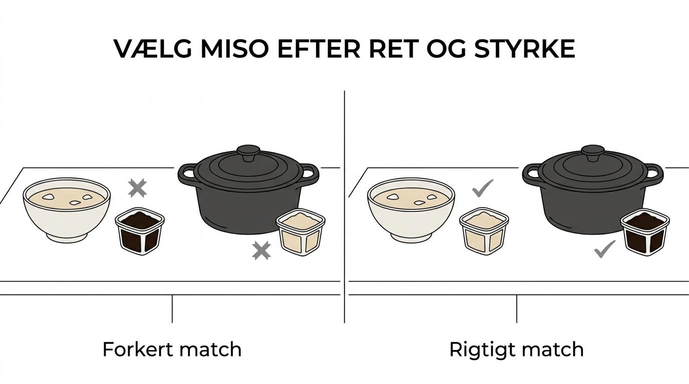 Sammenligning af rismiso, bygmiso, bønnemiso og blandingsmiso med forskelle i smag, farve og typiske anvendelser.