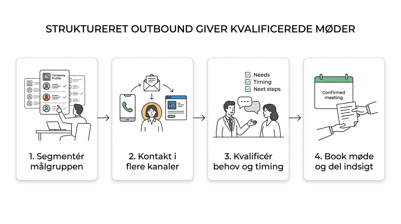 Flowdiagram over en B2B leadgenereringsproces med målgruppe, kontakt via telefon e-mail og LinkedIn, kvalificering, mødebooking og løbende rapportering.