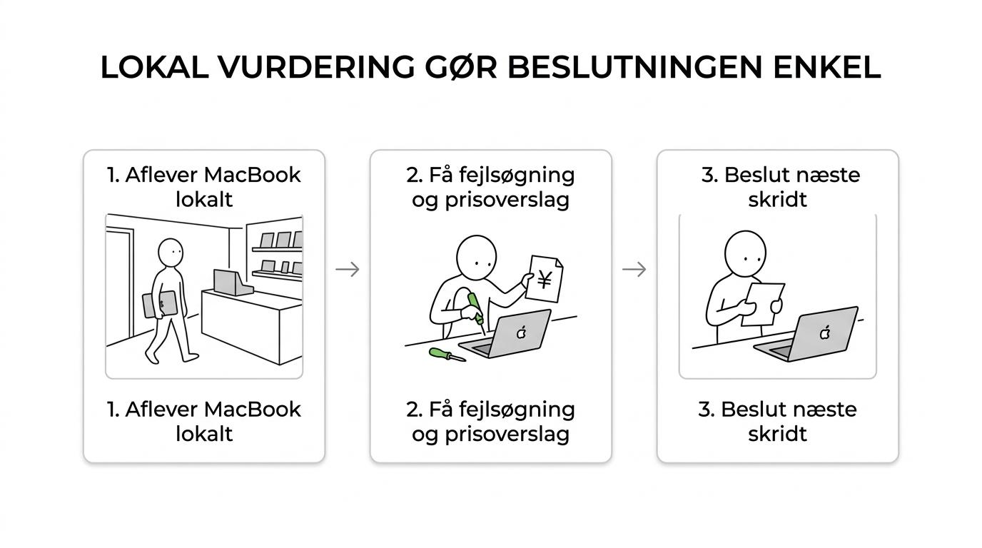 Flow over MacBook-service: indlevering lokalt, gratis fejlsøgning, gratis prisoverslag og derefter beslutning om reparation.