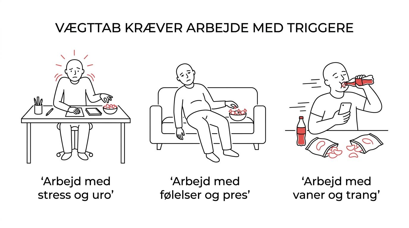 Klinik Careteam, vægttab med hypnose nær Svenstrup 1 Oversigt over typiske triggere bag overspisning som stress, uro, træthed, autopilot, sukkertrang og lavt selvværd.