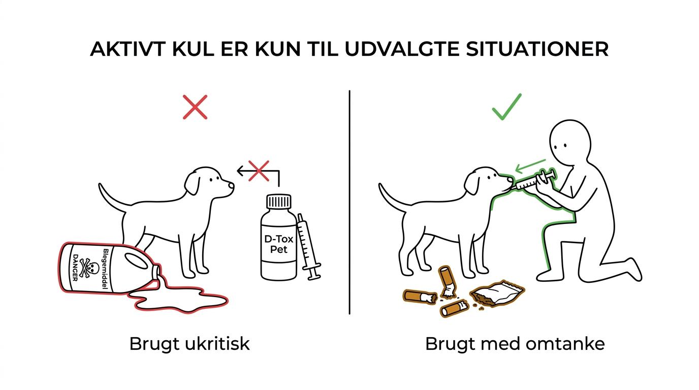 Side-by-side oversigt over situationer, hvor D-Tox Pet kan være relevant, og situationer hvor aktivt kul ikke bør bruges.