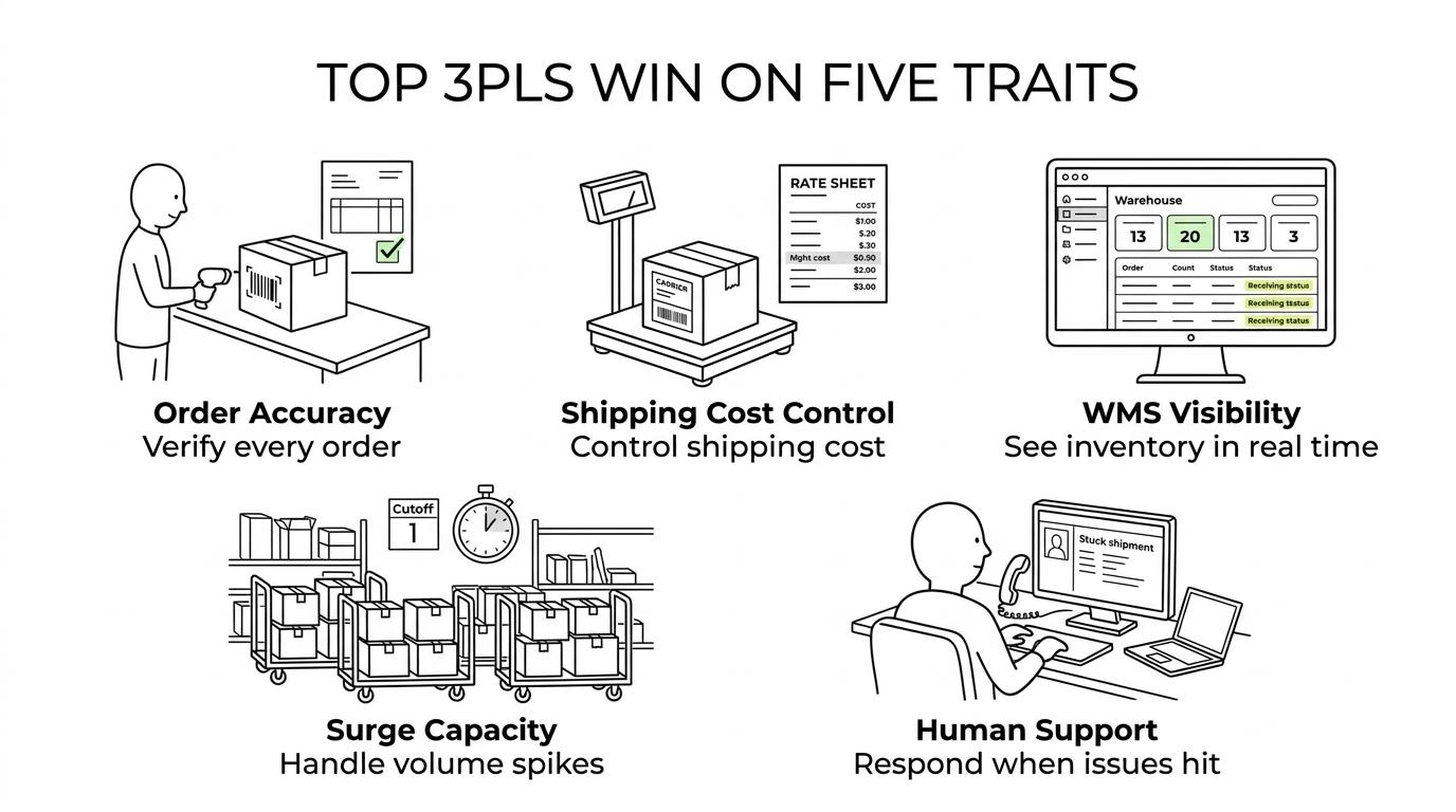 Five key factors for evaluating a 3PL: order accuracy, shipping-cost control, WMS visibility, peak-volume handling, and human support.