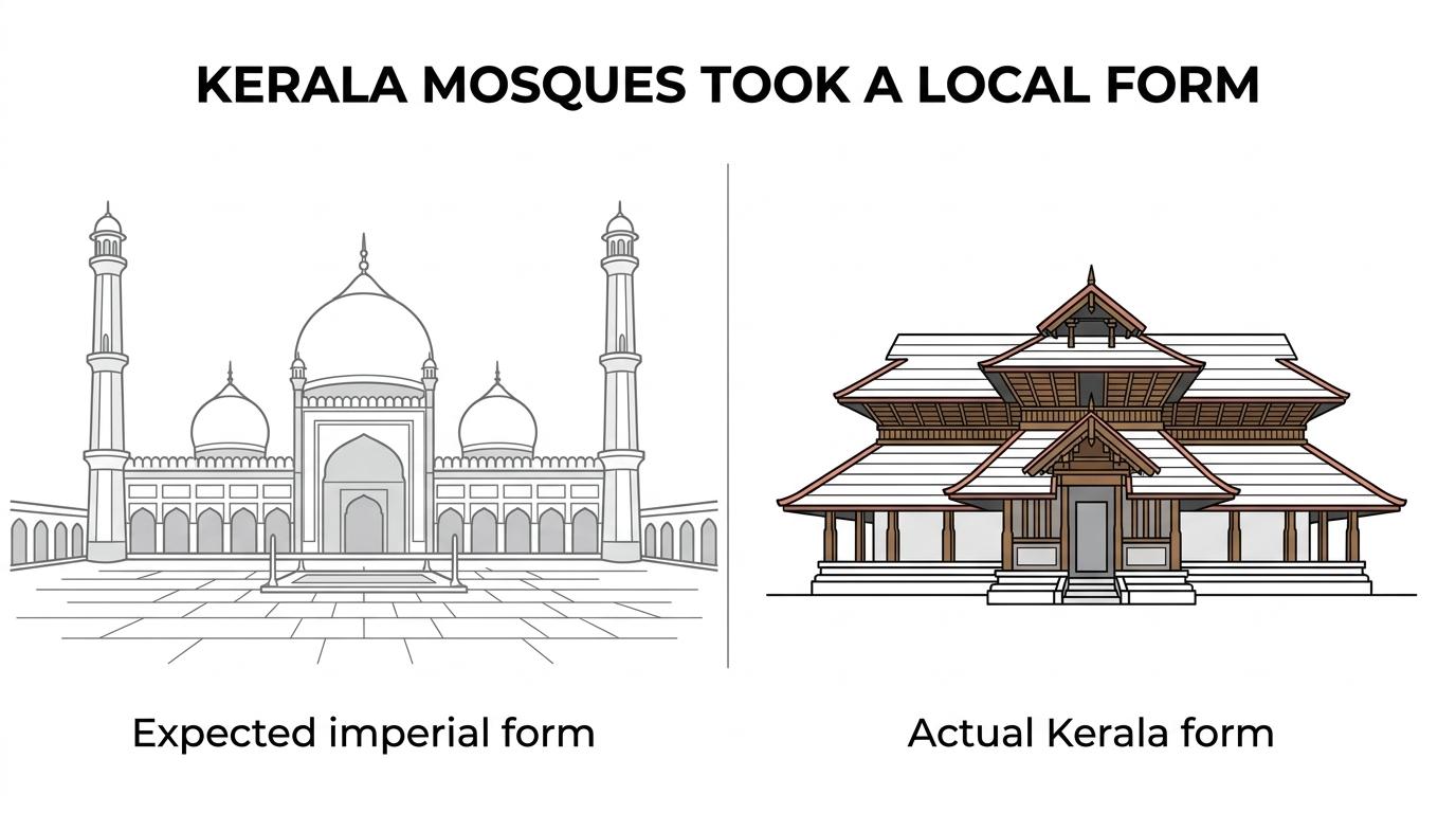 Side-by-side view of a historic Malabar mosque with sloping tiled roof and carved timber details next to a more familiar Indian mosque with domes and minarets.